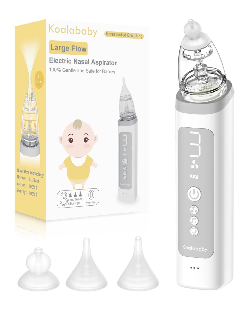 Koalababy Newest Large Flow Electric Nasal Aspirator Powerful Nose Suction for Toddler Baby Nose Sucker Adjustable 3 Levels of Suction Music and Light Function