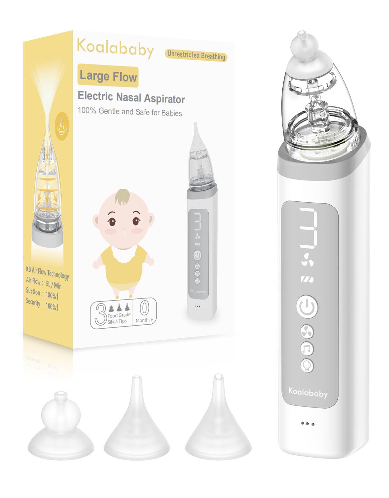 Koalababy Newest Large Flow Electric Nasal Aspirator Powerful Nose Suction for Toddler Baby Nose Sucker Adjustable 3 Levels of Suction Music and Light Function