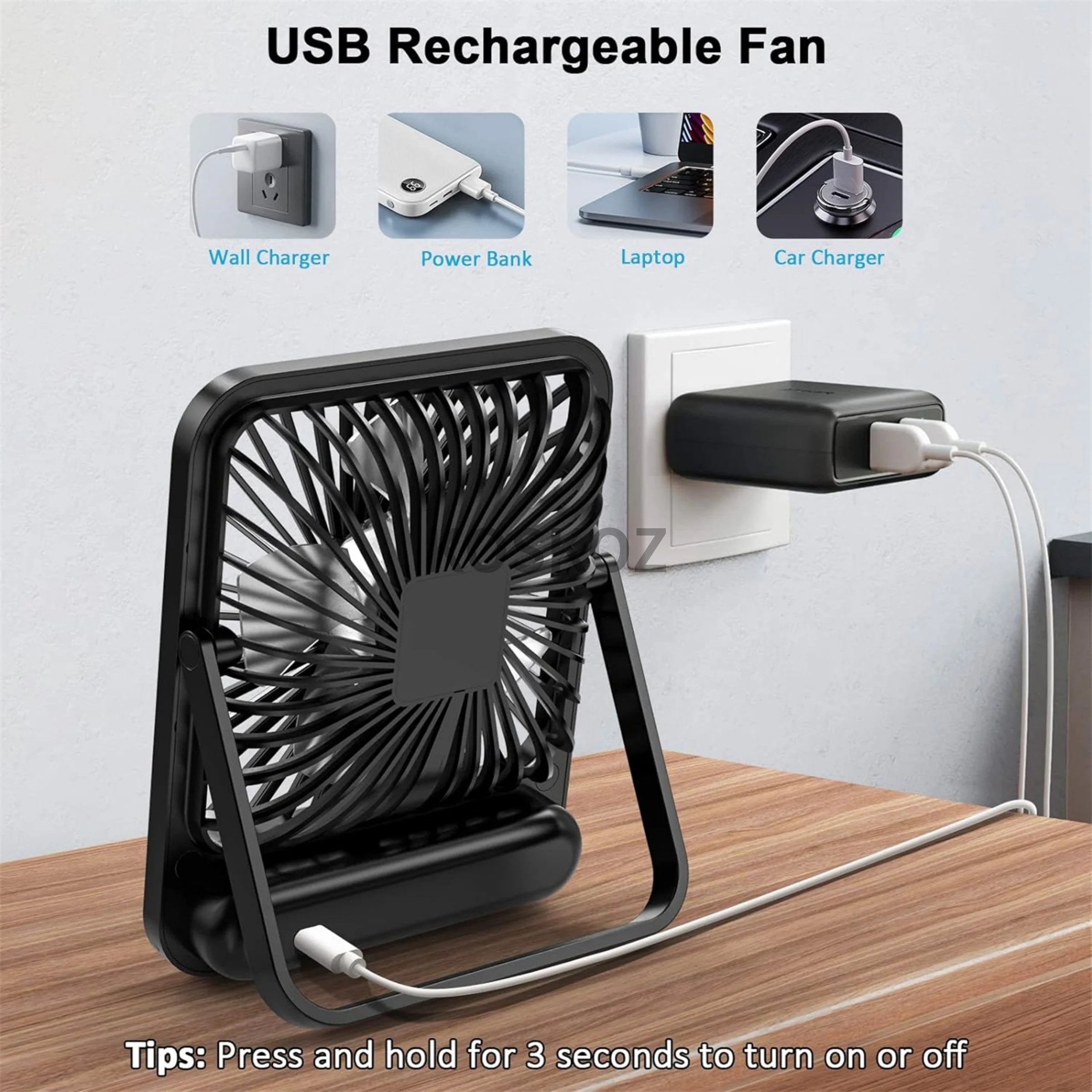 180° Folding USB Desk Fan | 5-Speed Rechargeable with Power Display