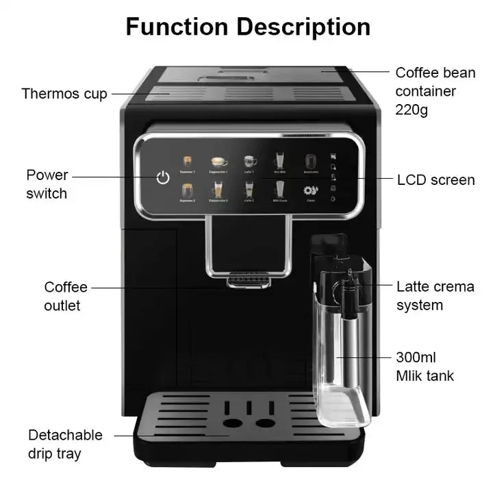 15 Bar Super Automatic Espresso Machine, 120V Smart Coffee Maker with Grinder & Milk Frother, Touch Screen, 1.5L Tank, Silver