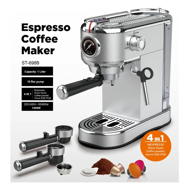 Automatic Espresso Coffee Machine | 1450W 1L Stainless Steel Home Coffee Maker