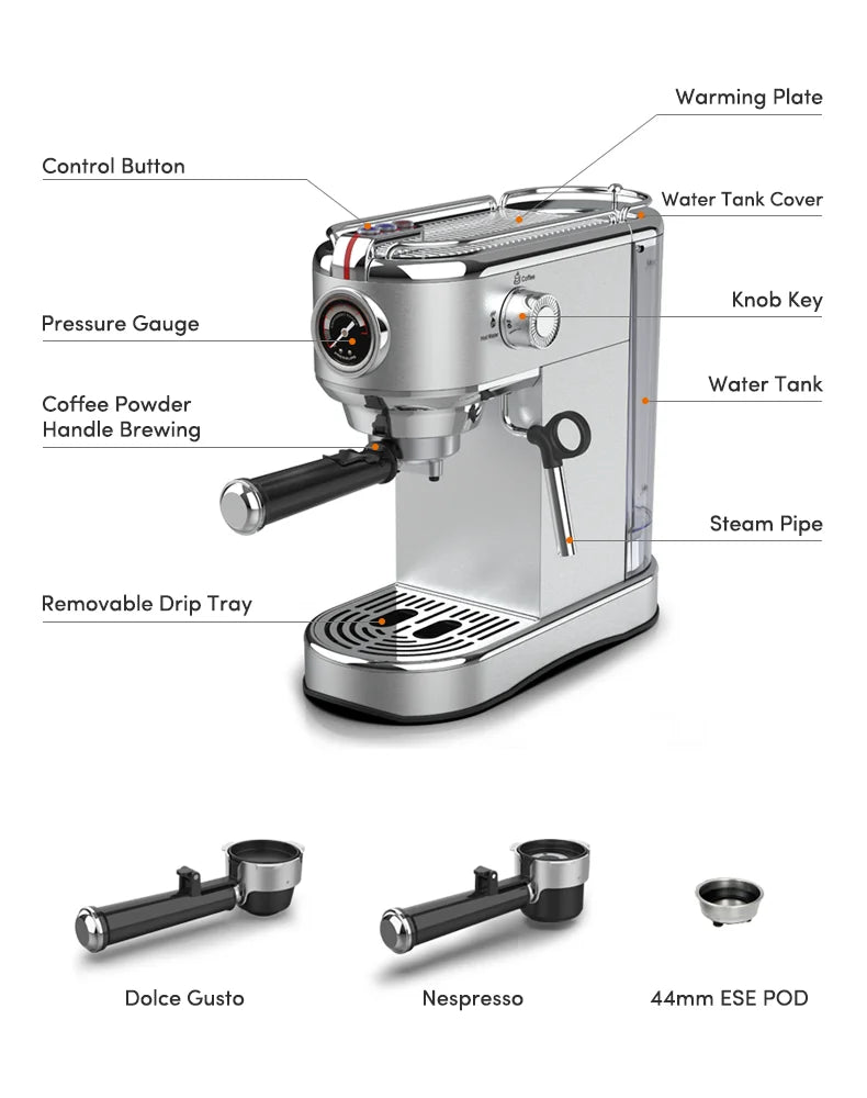 Automatic Espresso Coffee Machine | 1450W 1L Stainless Steel Home Coffee Maker