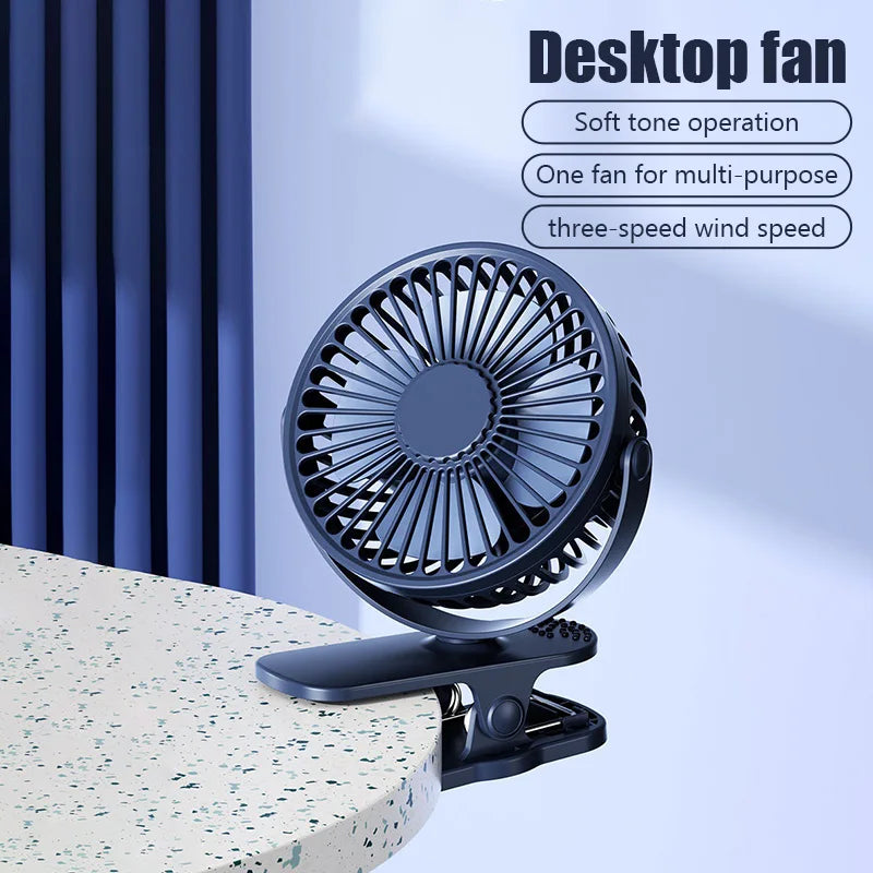 USB Clip-On Fan — 3-Speed Silent Cooling for Strollers, Desks & Outdoors