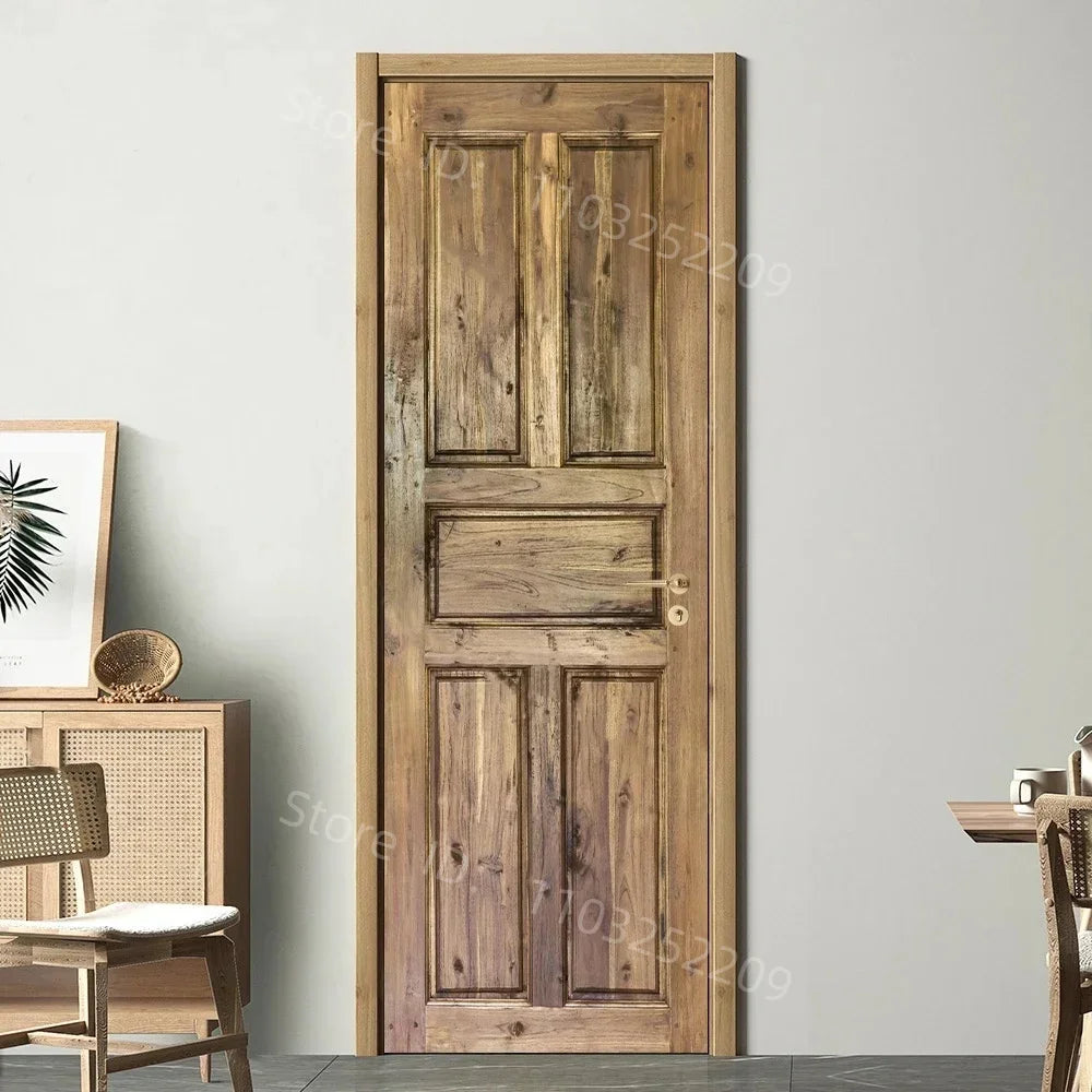 3D Wooden Pattern Door Sticker | Self-Adhesive PVC Vintage Oriental Full Door Wrap Mural