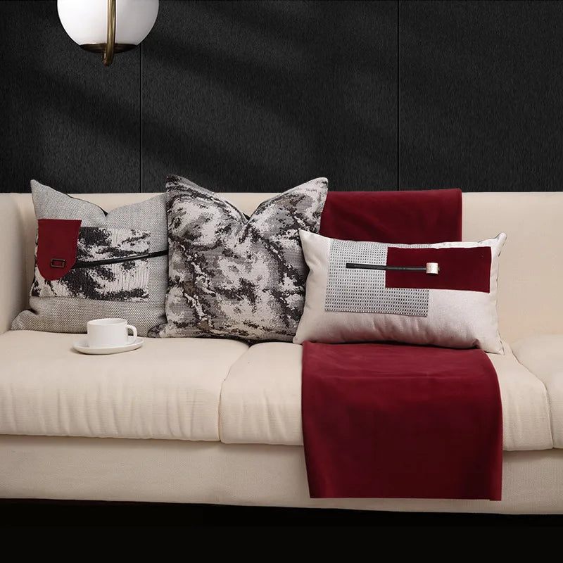 Chinese Ink Wash Luxury Cushion Cover | Red & Grey Throw Pillow 45x45