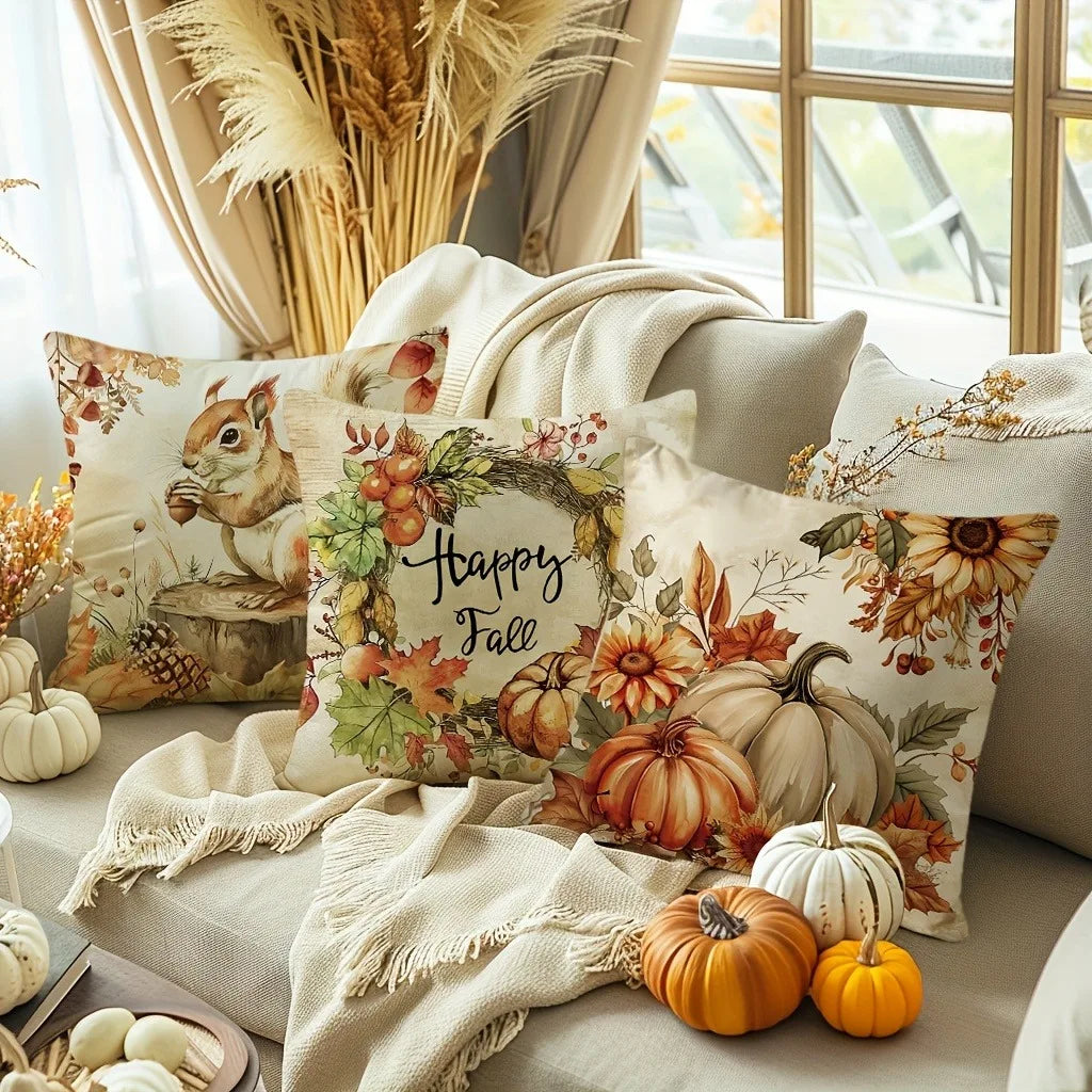 Autumn Squirrel & Pumpkin Cushion Cover | Seasonal Throw Pillow for Sofa