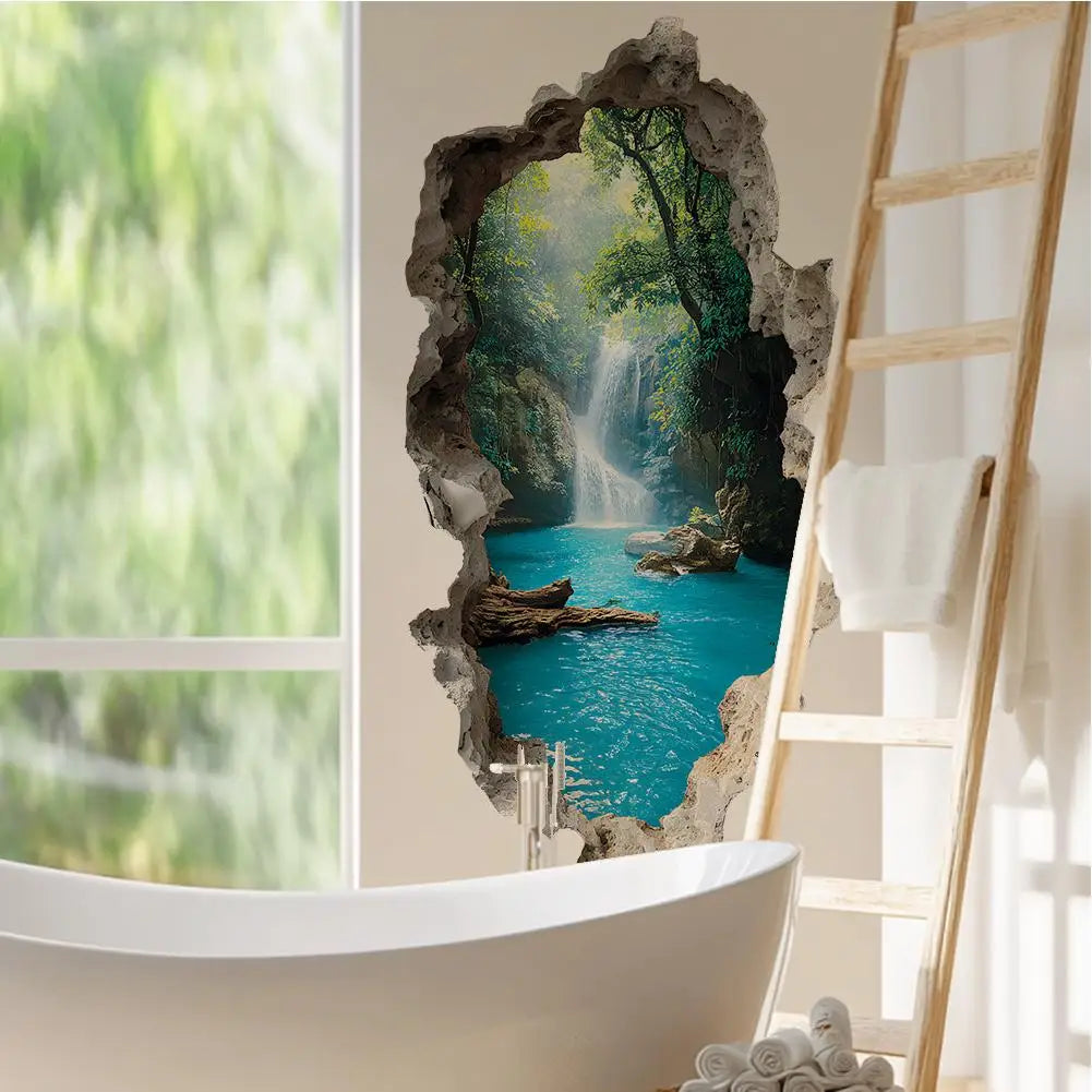 3D Mountain Forest Wall Decal — Broken Wall Illusion Landscape Sticker
