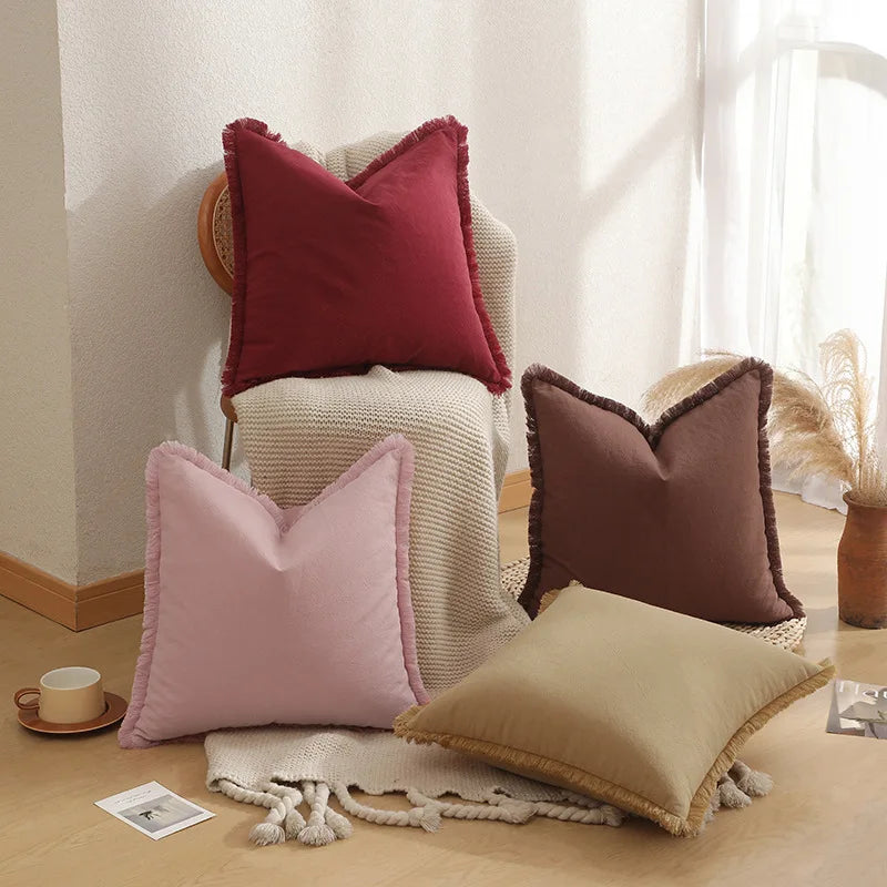 Cotton Tassel Pillow Cover | Solid Color Boho Cushion 45x45cm