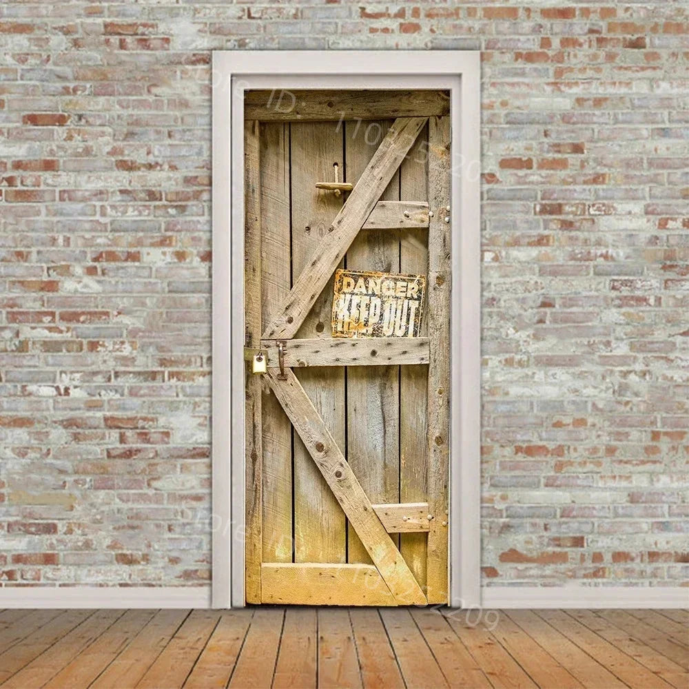 3D Wooden Pattern Door Sticker | Self-Adhesive PVC Vintage Oriental Full Door Wrap Mural