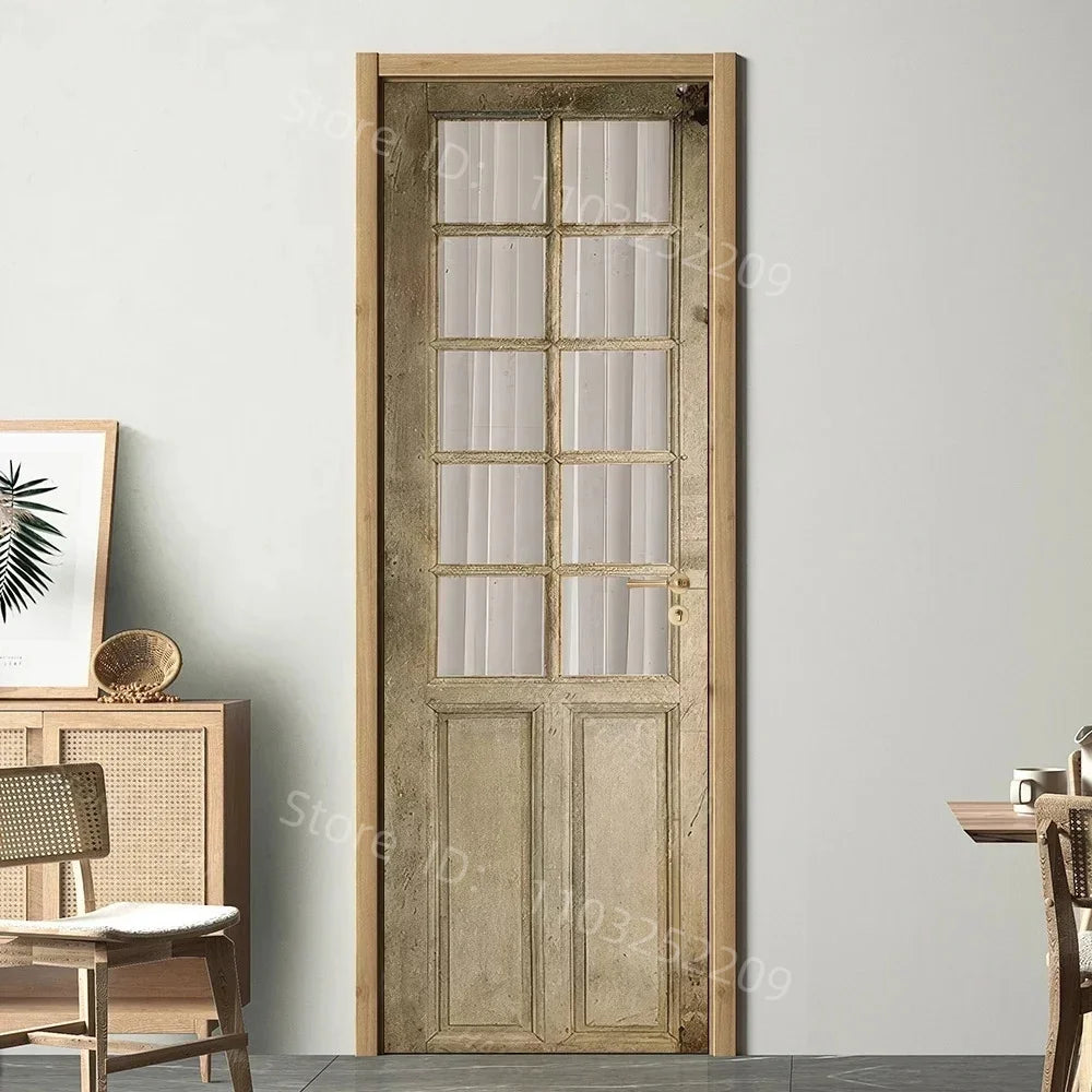 3D Wooden Pattern Door Sticker | Self-Adhesive PVC Vintage Oriental Full Door Wrap Mural