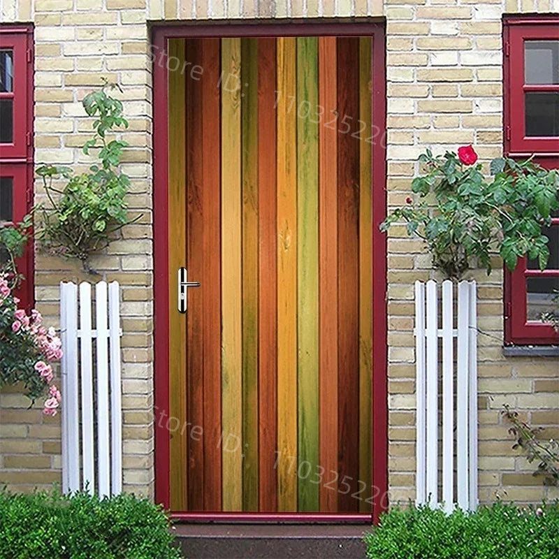 3D Wooden Pattern Door Sticker | Self-Adhesive PVC Vintage Oriental Full Door Wrap Mural