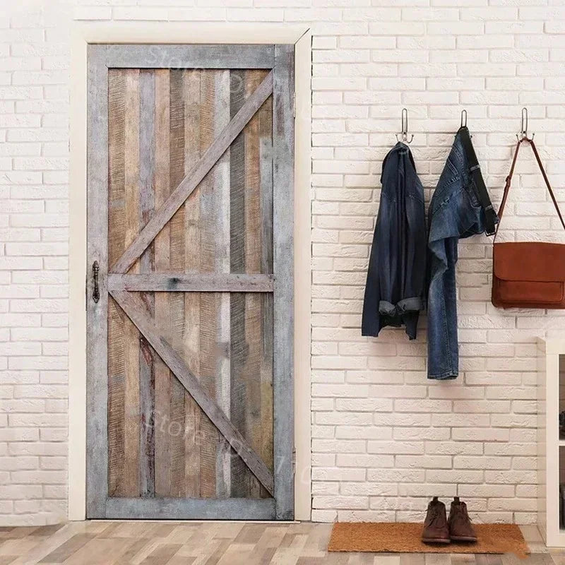 3D Wooden Pattern Door Sticker | Self-Adhesive PVC Vintage Oriental Full Door Wrap Mural