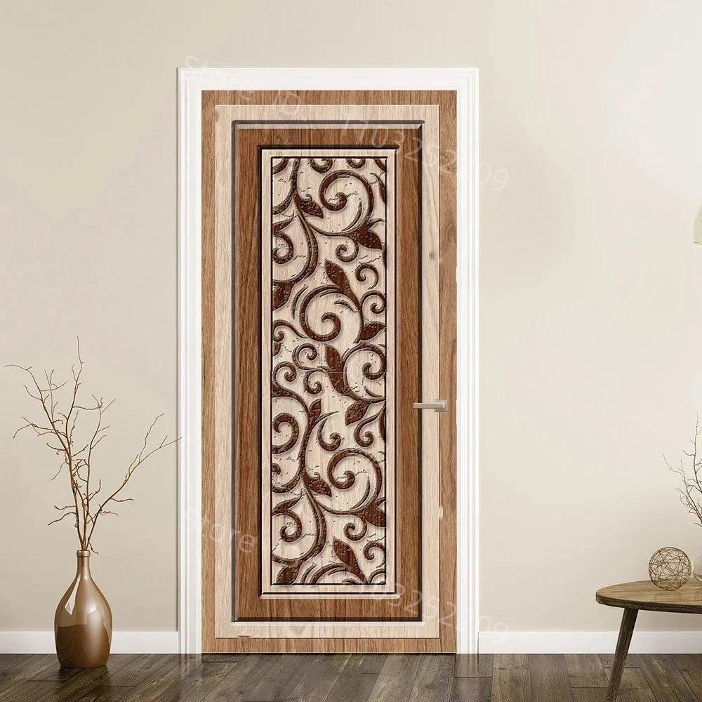 3D Wooden Pattern Door Sticker | Self-Adhesive PVC Vintage Oriental Full Door Wrap Mural