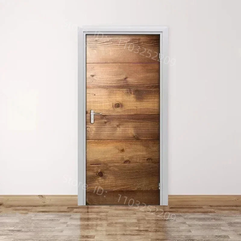 3D Wooden Pattern Door Sticker | Self-Adhesive PVC Vintage Oriental Full Door Wrap Mural