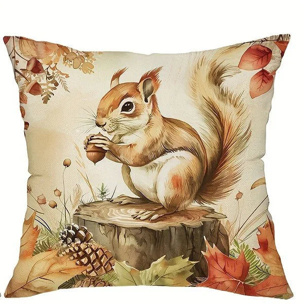 Autumn Squirrel & Pumpkin Cushion Cover | Seasonal Throw Pillow for Sofa