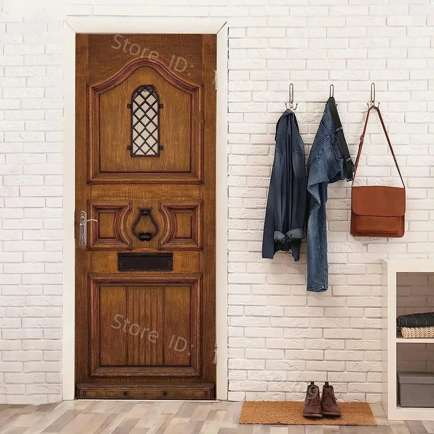 3D Wooden Pattern Door Sticker | Self-Adhesive PVC Vintage Oriental Full Door Wrap Mural