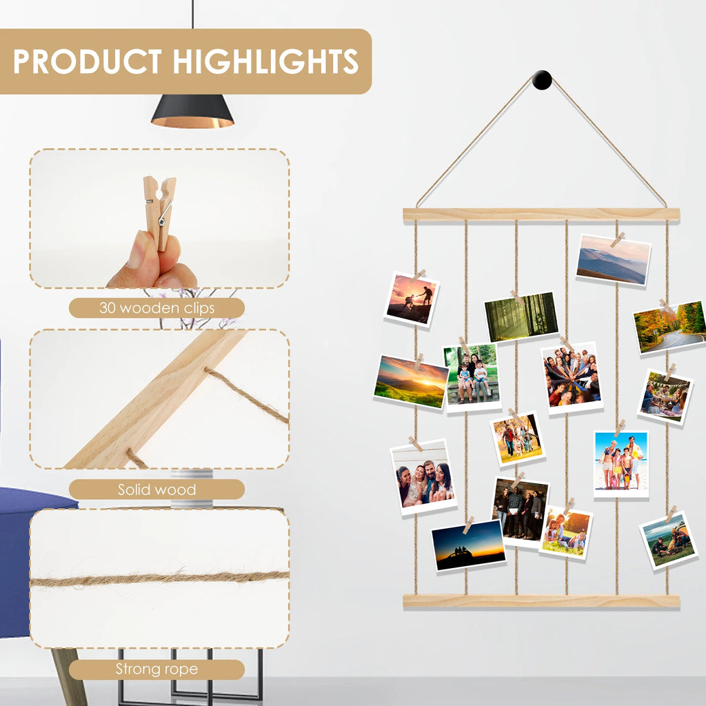 Wooden Photo Frame Collage — Gallery Wall Display with Clips