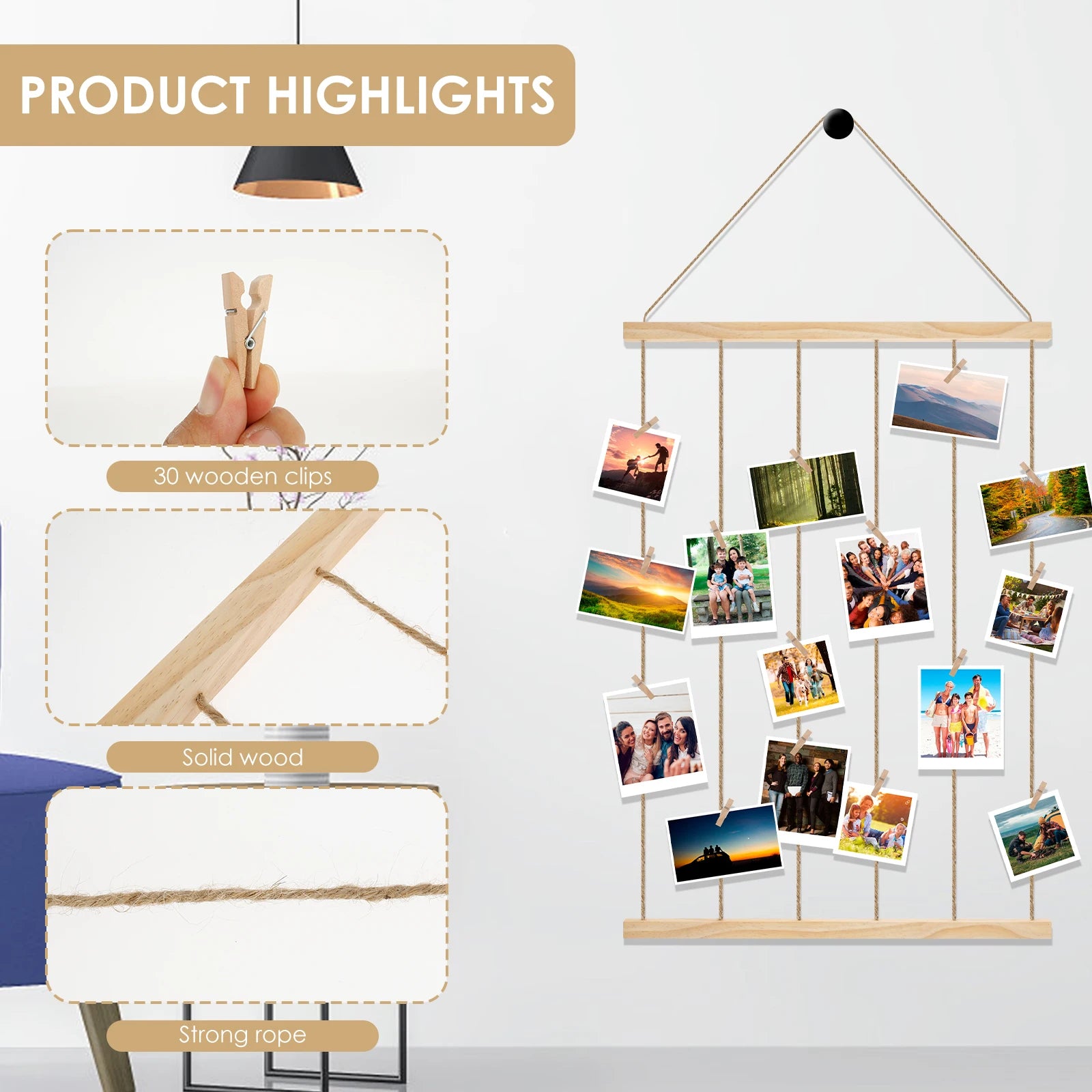 Wooden Photo Frame Collage — Gallery Wall Display with Clips