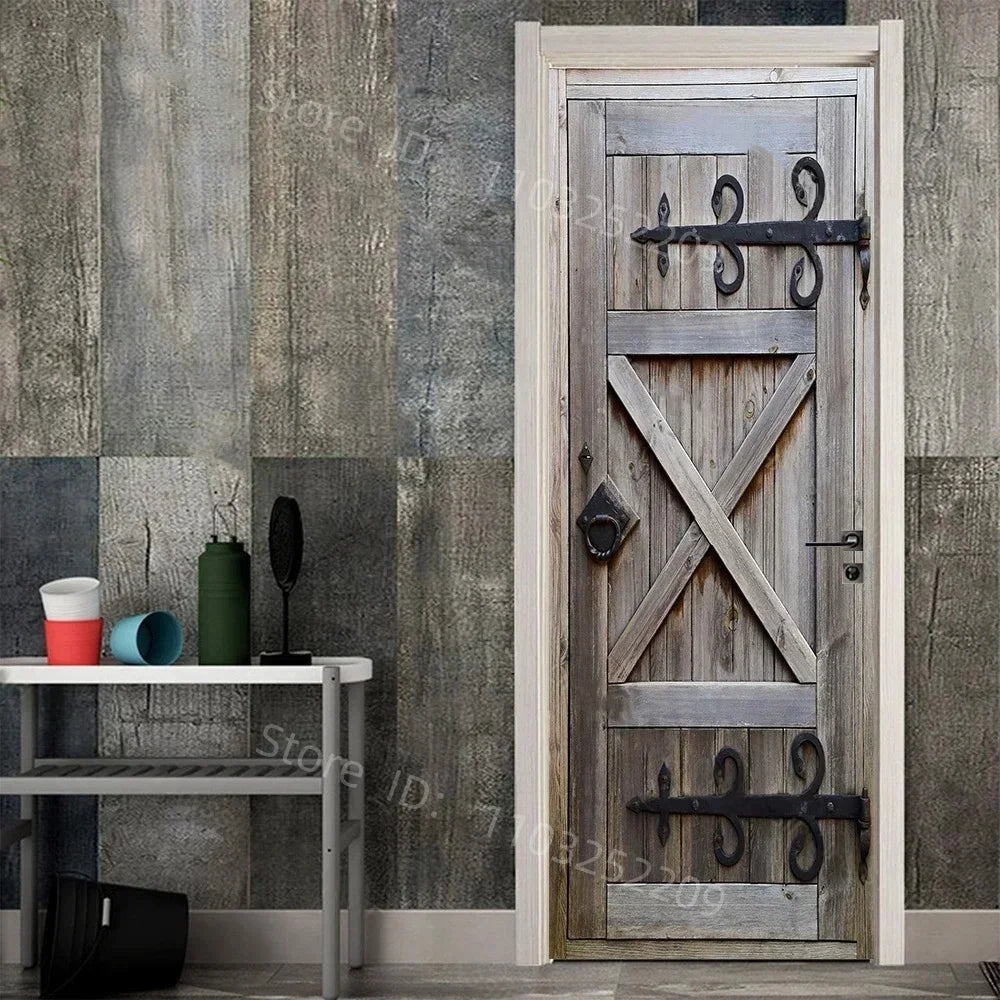 3D Wooden Pattern Door Sticker | Self-Adhesive PVC Vintage Oriental Full Door Wrap Mural