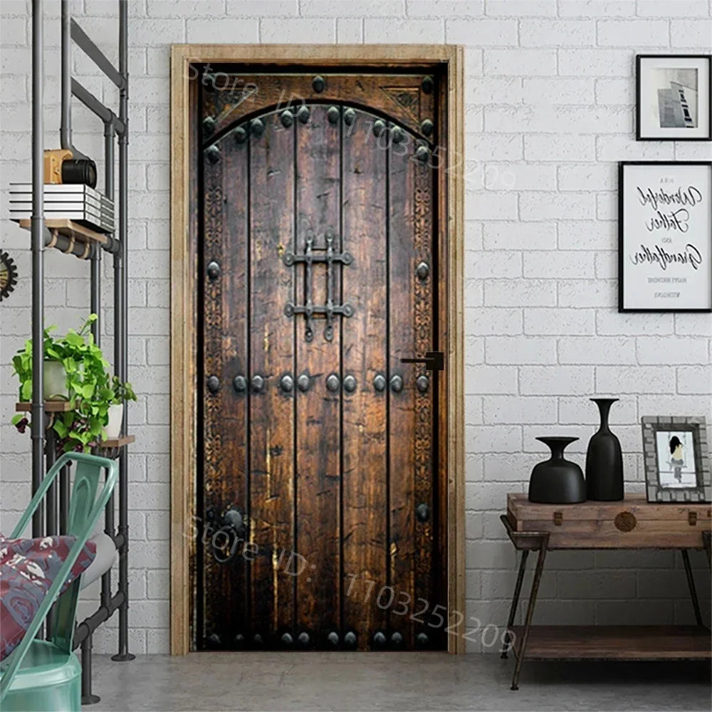 3D Wooden Pattern Door Sticker | Self-Adhesive PVC Vintage Oriental Full Door Wrap Mural
