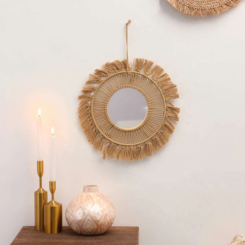 Bohemian Macrame Round Wall Mirror — Hand-Woven Cotton Cord