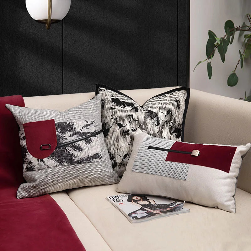 Chinese Ink Wash Luxury Cushion Cover | Red & Grey Throw Pillow 45x45