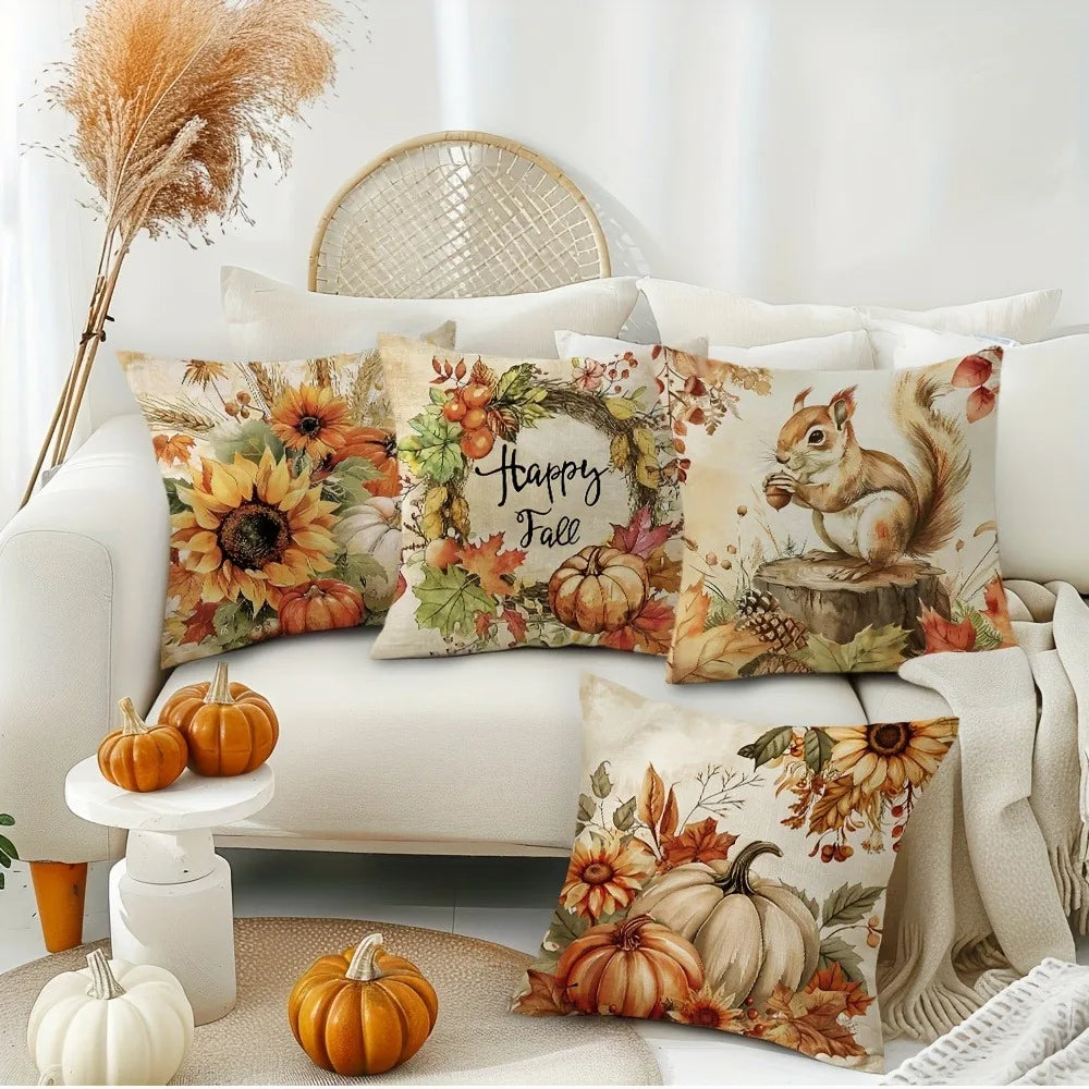 Autumn Squirrel & Pumpkin Cushion Cover | Seasonal Throw Pillow for Sofa