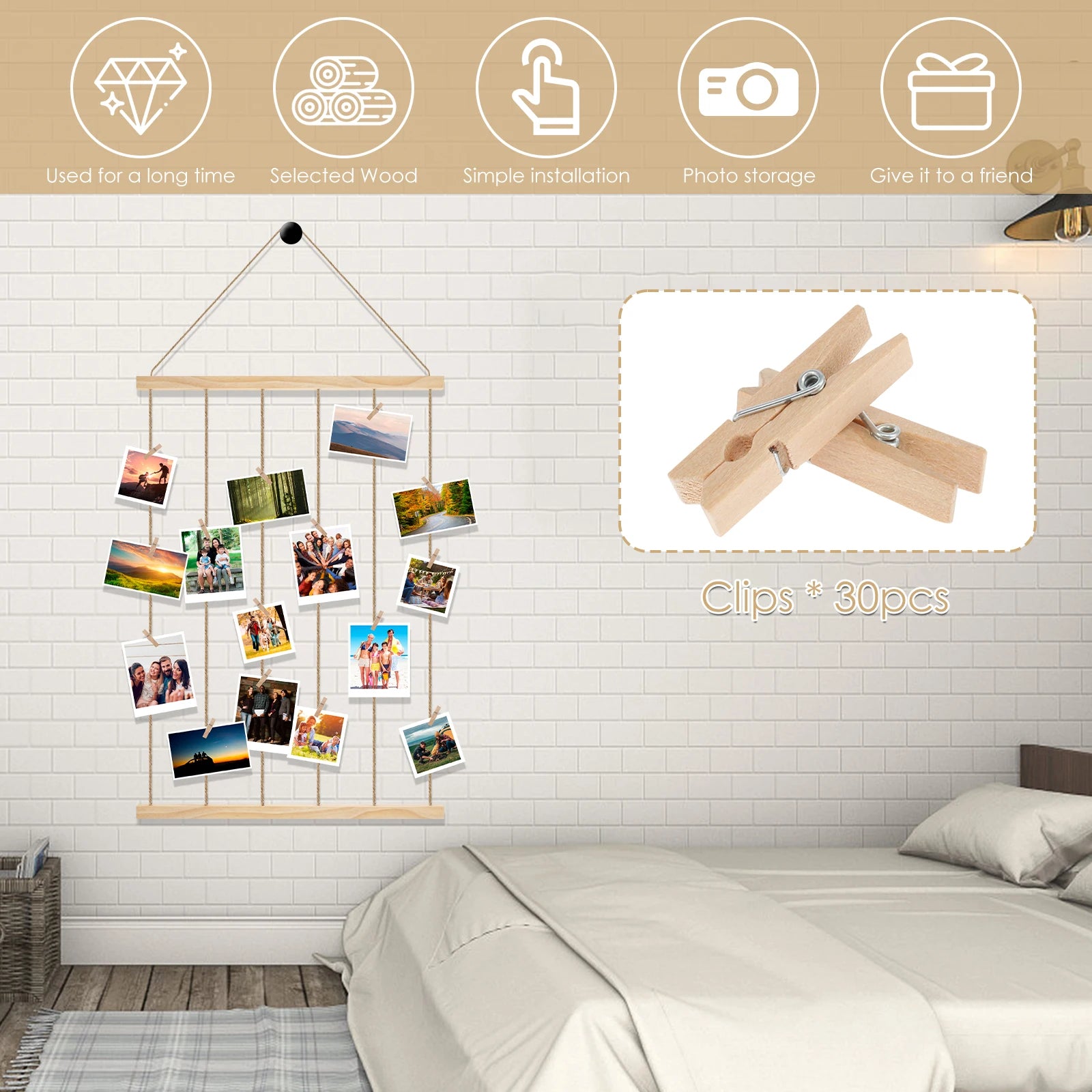 Wooden Photo Frame Collage — Gallery Wall Display with Clips