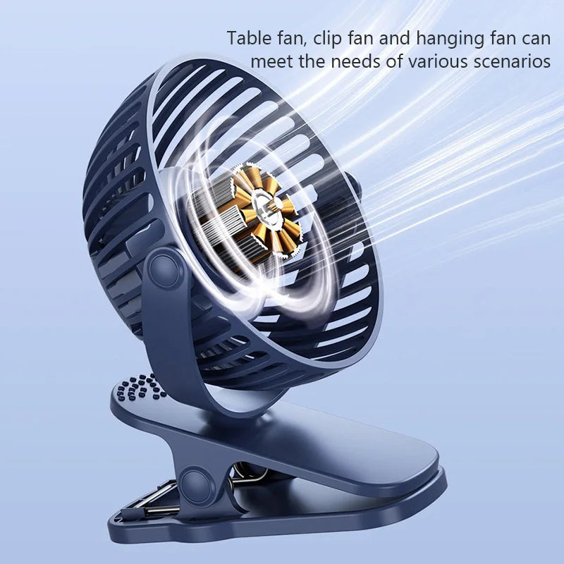 USB Clip-On Fan — 3-Speed Silent Cooling for Strollers, Desks & Outdoors