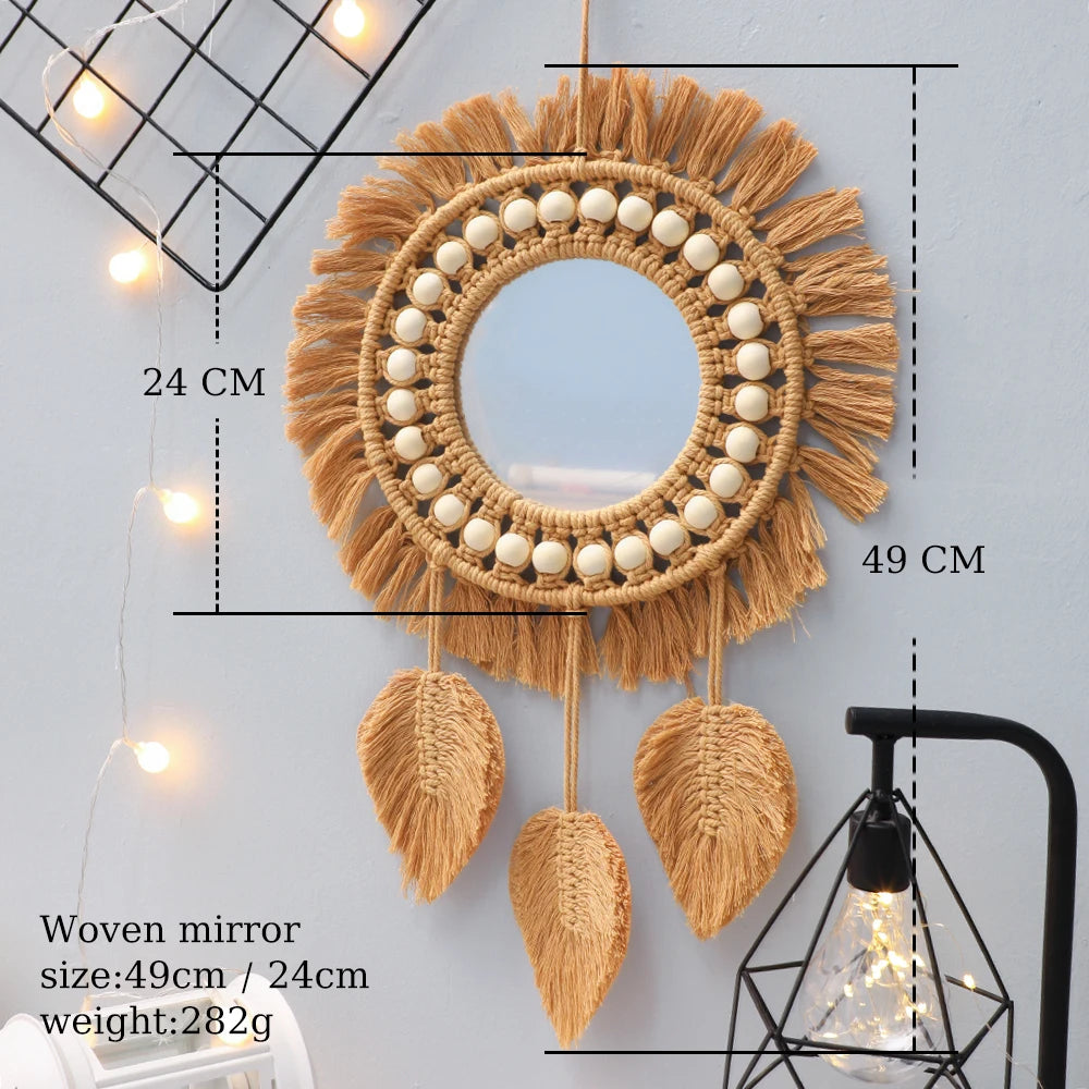 Bohemian Macrame Round Wall Mirror — Hand-Woven Cotton Cord