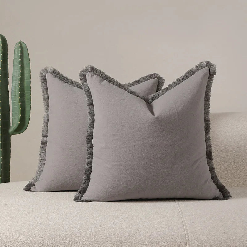 Cotton Tassel Pillow Cover | Solid Color Boho Cushion 45x45cm