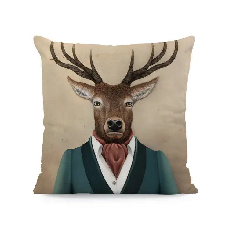 Dog & Deer Elk Cushion Cover | Elegant Nature-Inspired Sofa Pillow