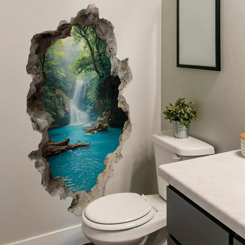 3D Mountain Forest Wall Decal — Broken Wall Illusion Landscape Sticker