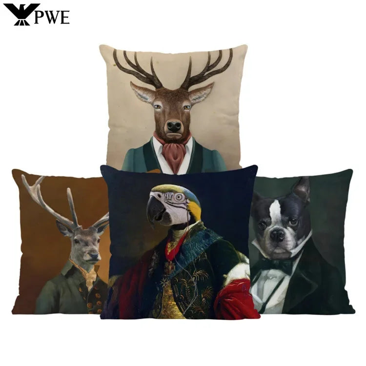 Dog & Deer Elk Cushion Cover | Elegant Nature-Inspired Sofa Pillow