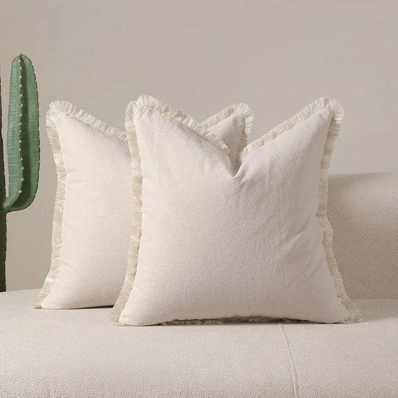 Cotton Tassel Pillow Cover | Solid Color Boho Cushion 45x45cm