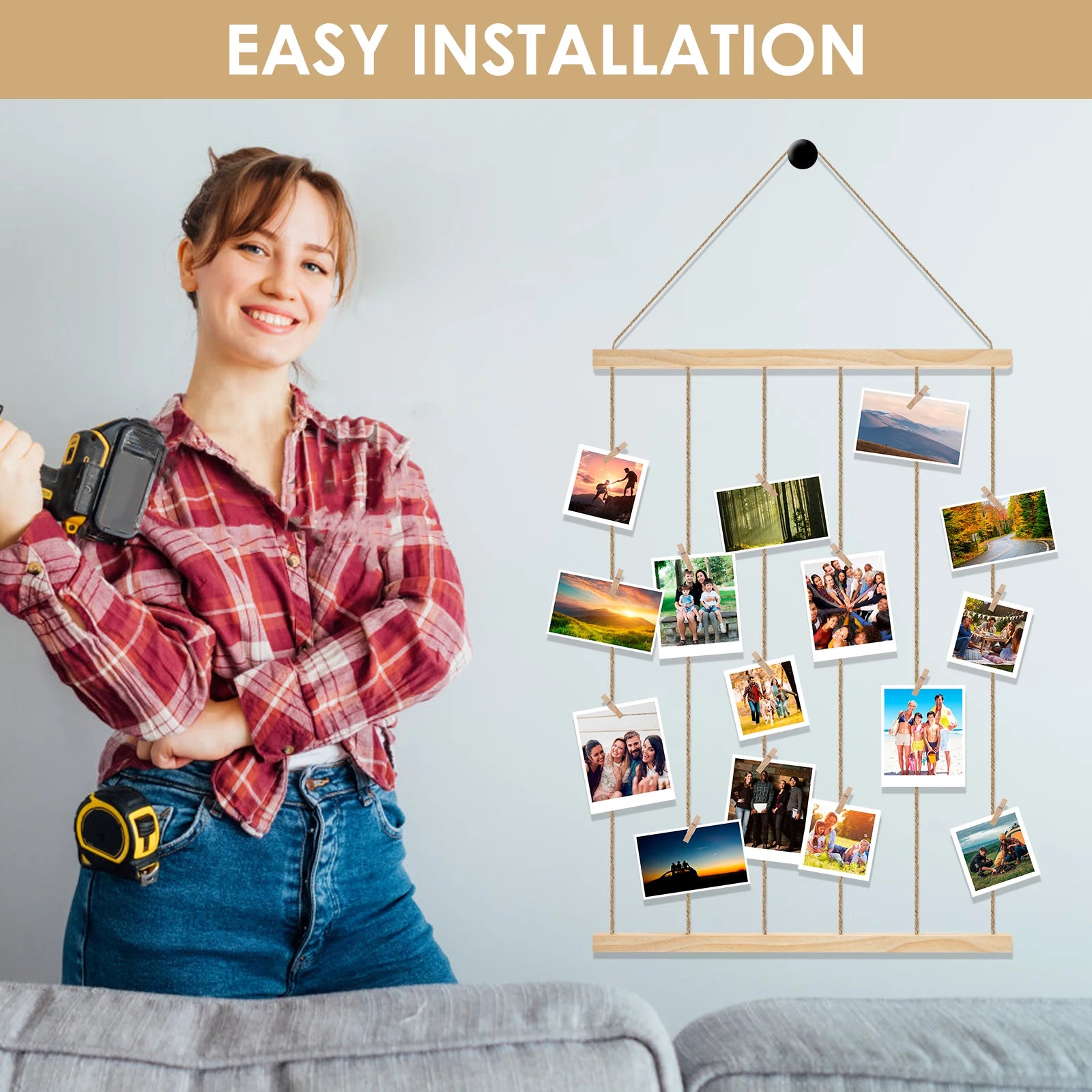 Wooden Photo Frame Collage — Gallery Wall Display with Clips