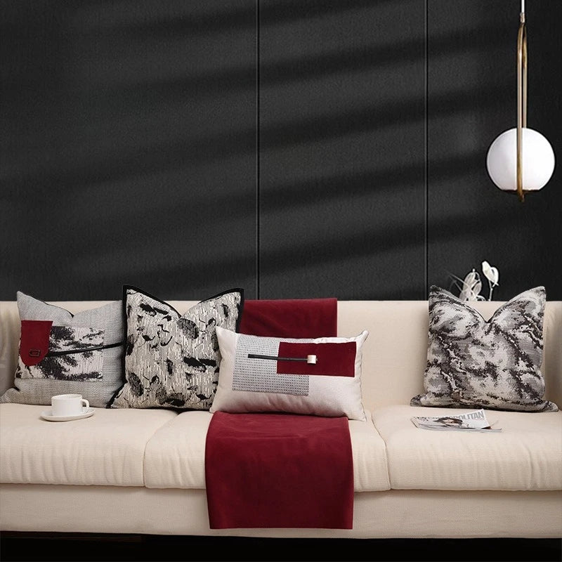 Chinese Ink Wash Luxury Cushion Cover | Red & Grey Throw Pillow 45x45