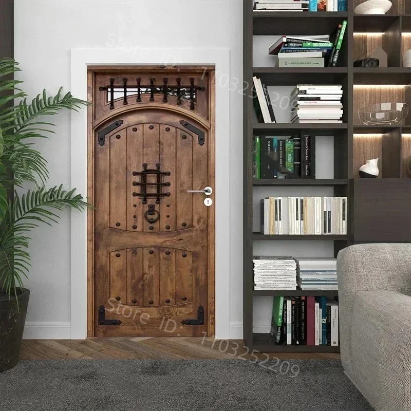 3D Wooden Pattern Door Sticker | Self-Adhesive PVC Vintage Oriental Full Door Wrap Mural