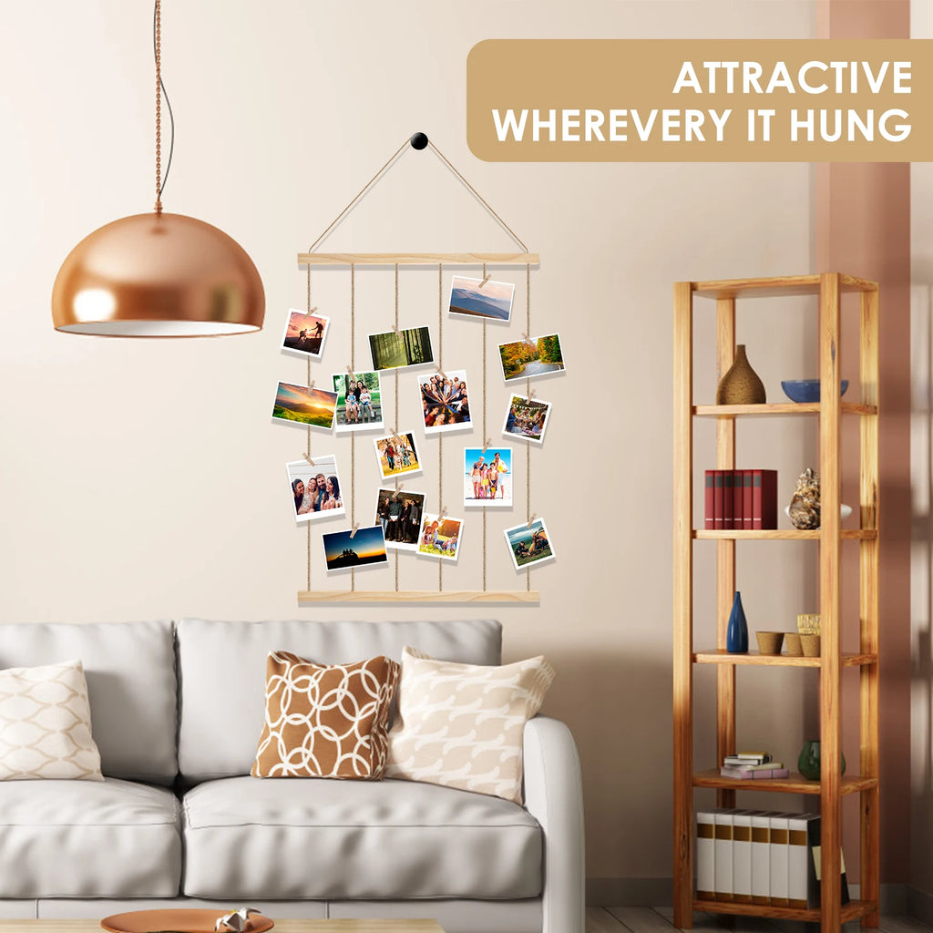 Wooden Photo Frame Collage — Gallery Wall Display with Clips