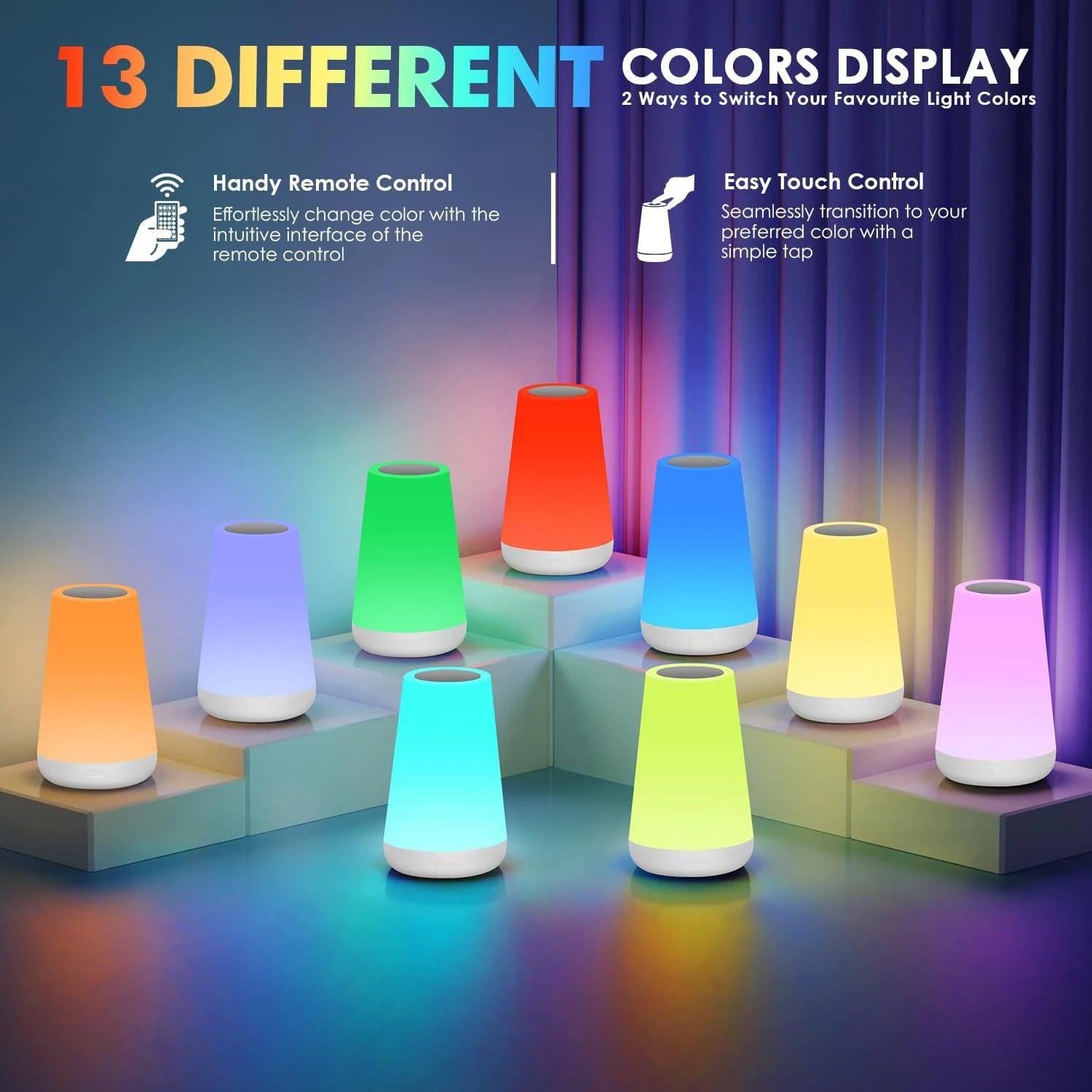 13-Colour LED Night Light — Smart Touch & Remote Control, USB Rechargeable