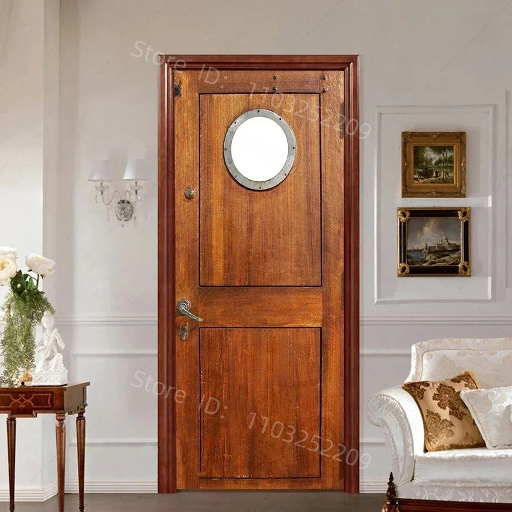 3D Wooden Pattern Door Sticker | Self-Adhesive PVC Vintage Oriental Full Door Wrap Mural