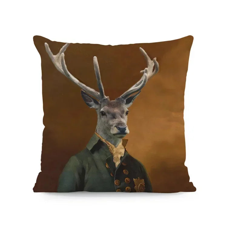 Dog & Deer Elk Cushion Cover | Elegant Nature-Inspired Sofa Pillow