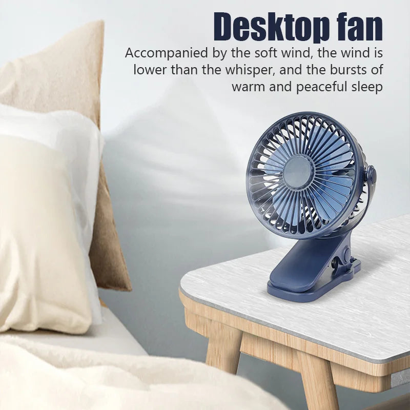 USB Clip-On Fan — 3-Speed Silent Cooling for Strollers, Desks & Outdoors