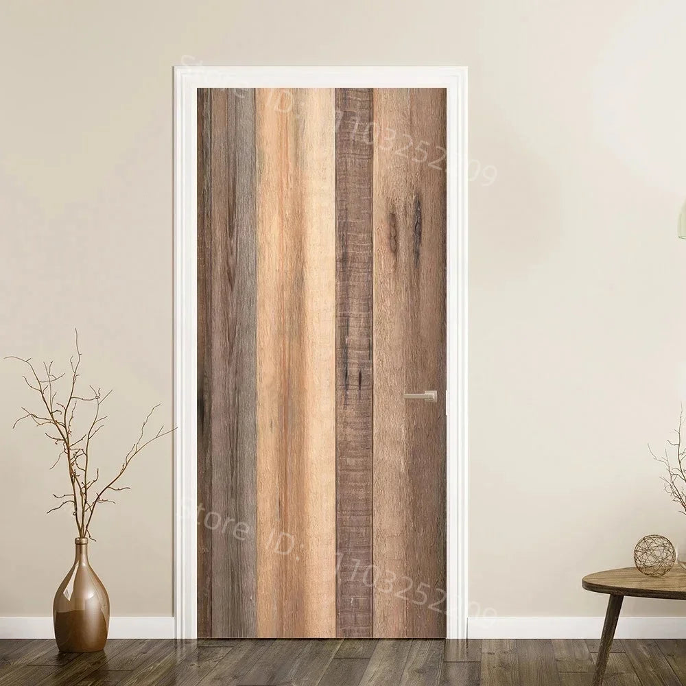 3D Wooden Pattern Door Sticker | Self-Adhesive PVC Vintage Oriental Full Door Wrap Mural