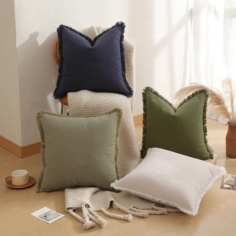 Cotton Tassel Pillow Cover | Solid Color Boho Cushion 45x45cm