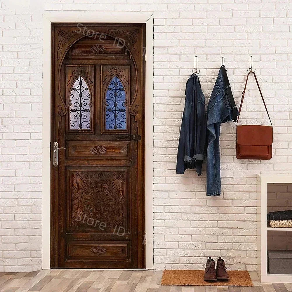 3D Wooden Pattern Door Sticker | Self-Adhesive PVC Vintage Oriental Full Door Wrap Mural