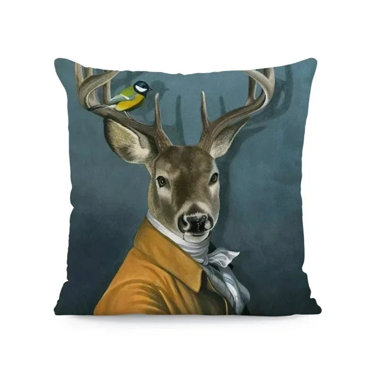 Dog & Deer Elk Cushion Cover | Elegant Nature-Inspired Sofa Pillow