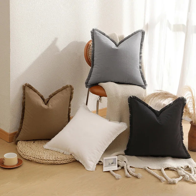Cotton Tassel Pillow Cover | Solid Color Boho Cushion 45x45cm
