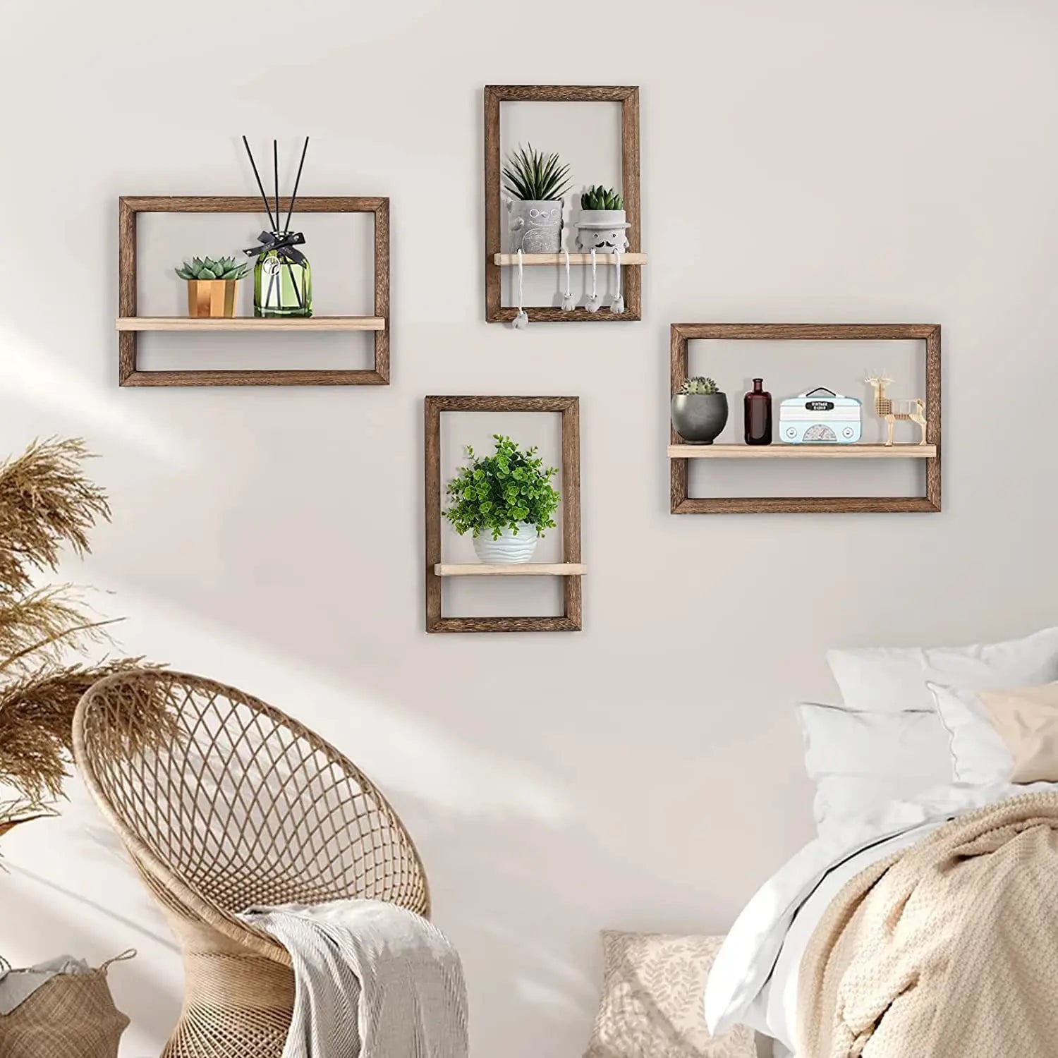 Rustic Wood Floating Wall Shelves — Set of 2 with Hidden Bracket